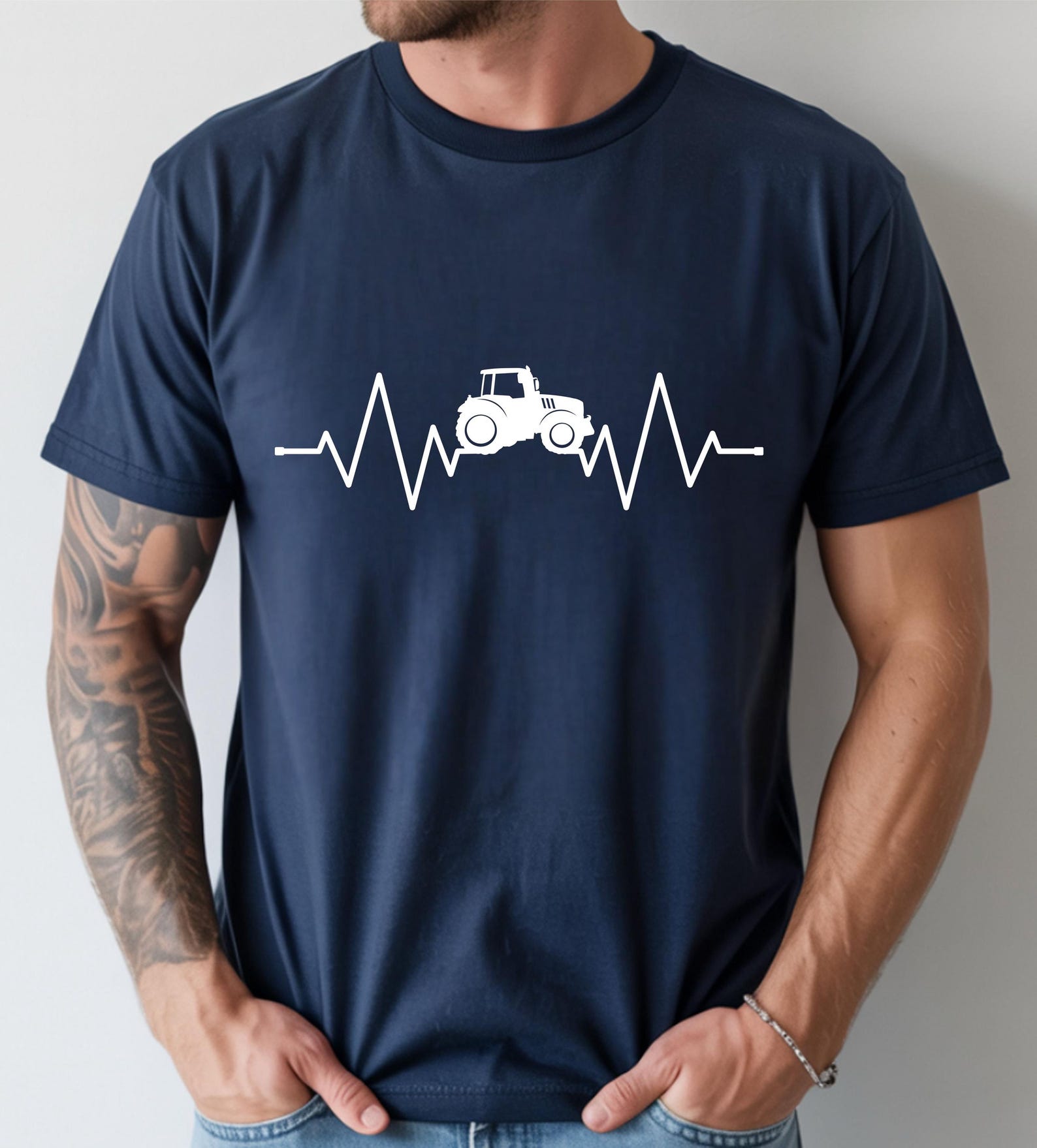 Tractor Heartbeat T-Shirt: Farmer ECG Pulse Line Tee